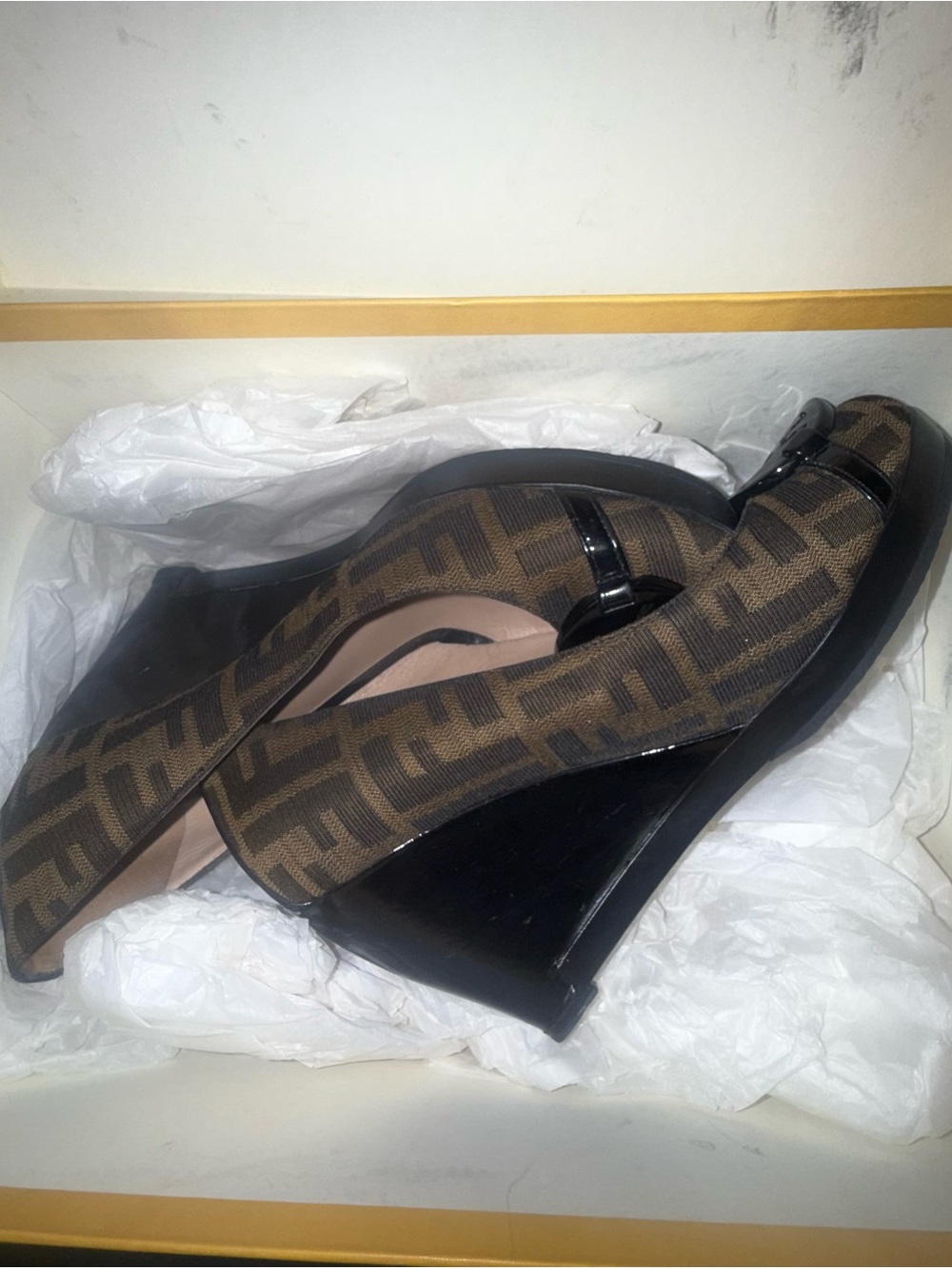 Fendi Brown FF-Logo Wedge Loafers with Black Patent Trim